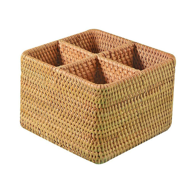 i-lan Natural Rattan 4 Compartments Cooking Utensil Silverware Organizer Holder Cosmetics Storage Box Cutlery Caddy Flatware Serving Basket (180mm 4-Compartment Box)