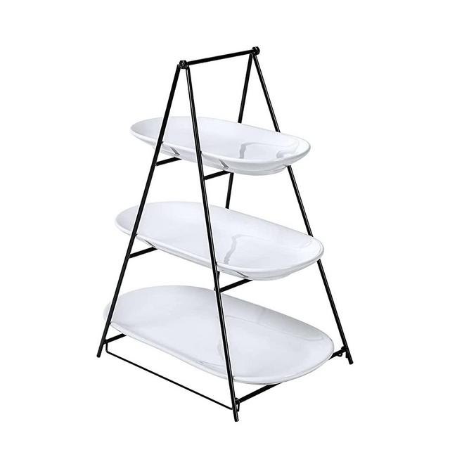 UNICASA 3 Tier Serving Tray - White Oval Serving Plate Dishes, Party Trays and Platters with Metal Rack for Cake, Snack, Fruit - Chips and Dips Serving Set