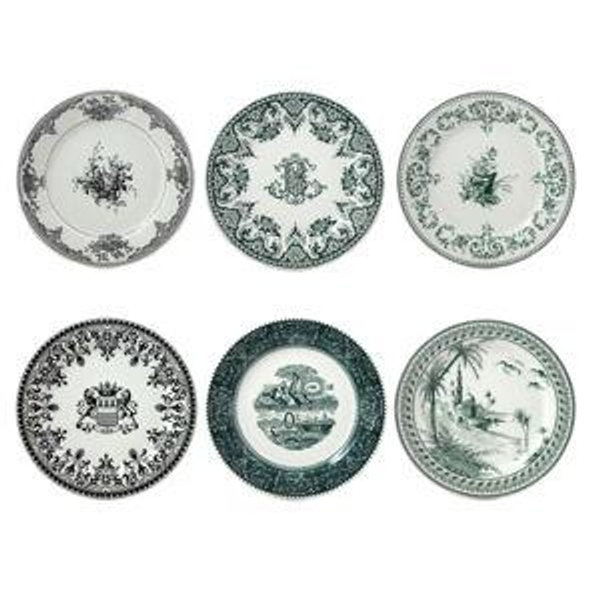 Gien "Les Dépareillées" Vert Dinner Plates, set of 6, 6 patterns, 7 13/16" dia