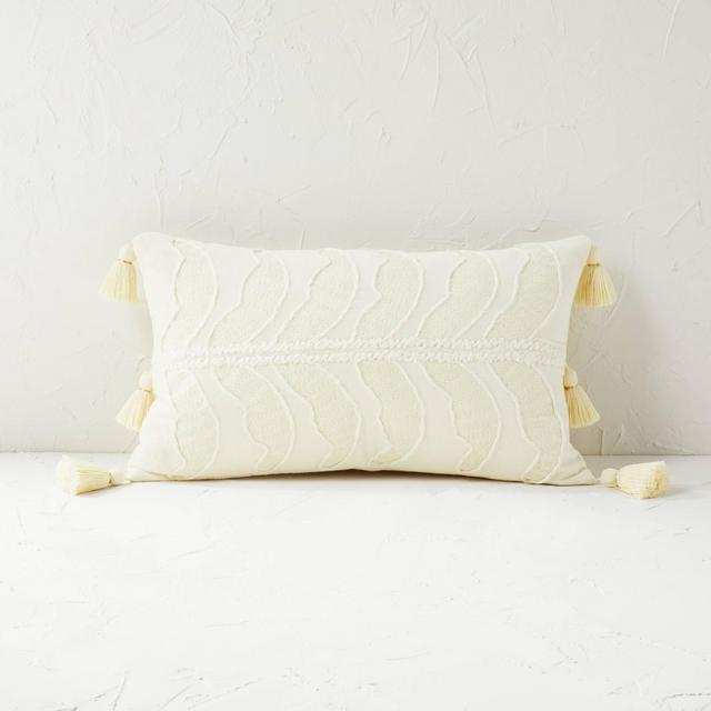 Paradise Leaf Embroidered Velvet Lumbar Throw Pillow Cream - Opalhouse™ designed with Jungalow™