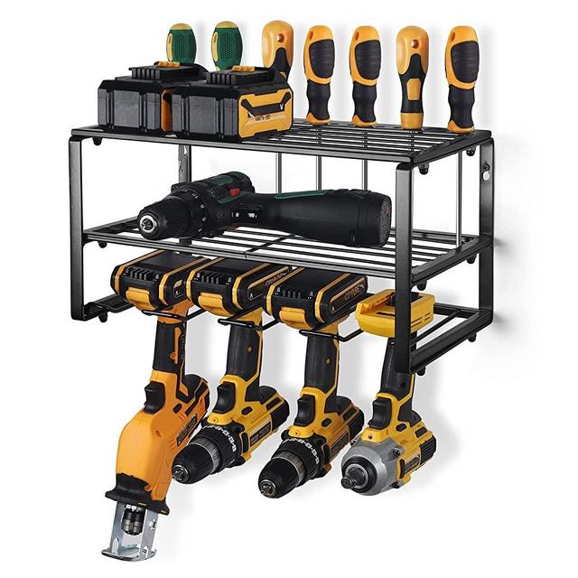 Power Tool Organizer, Amoowis Garage Tool Organizers and Storage, 3 Layers Heavy Duty Metal Tool Shelf, Drill Holder Wall Mount, Utility Storage Rack for Cordless Drill Charging Station Screwdriver