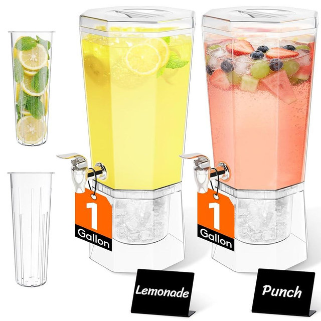 Lifewit 1 Gallon Drink Dispenser for Parties 2 Pcs, Plastic Beverage Container for Juice/Tea/Soda with Stand & Ice Core, Clear Lemonade Dispenser with Spigot, BPA Free Water Pitcher 39 x 16 cm/15x6"