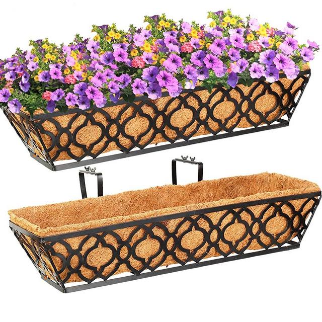 LAWYAMAI 2pcs 24 Inch Window Deck with Coco Liner, 24" Window Boxes Horse Trough with Coconut Coir Liner,Metal Hanging Flower Planter Window Basket Deck Railing Planter Boxes for Outdoor Indoor Lawn