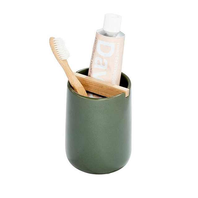 iDesign Eco Vanity Ceramic Toothbrush Holder with Paulownia Wood Divider, Moss/Natural