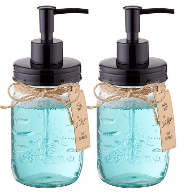 Elwiya Mason Jar Soap Dispenser - 16 Ounce Glass Mason Jar with Plastic Pump and Lid - Rust Proof - Rustic Bathroom Accessories &Kitchen Home Decor - 2 Pack