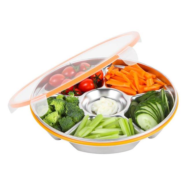 Motith Divided Serving Tray with Lid - Snack Tray with Lid Vegetable Tray with Lid Stainless Steel 6 Compartments 10inch 60oz for Christmas Party Platter Snackle Box Container Fruit Trays Veggie Tray