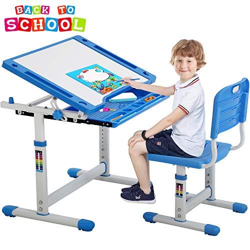 FDW Kids Study School Adjustable Height Table with Storage Blue