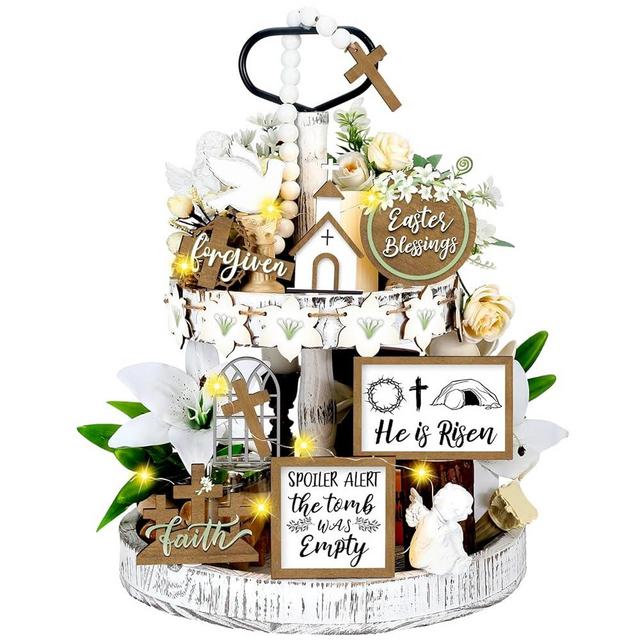 FairySandy 15 Piece Easter Tiered Tray Decor Set He is Risen Jesus Wood Sign Farmhouse Rustic Religious Tiered Tray Ornament Wood Table Centerpieces with Christian Cross Sign Easter Decor