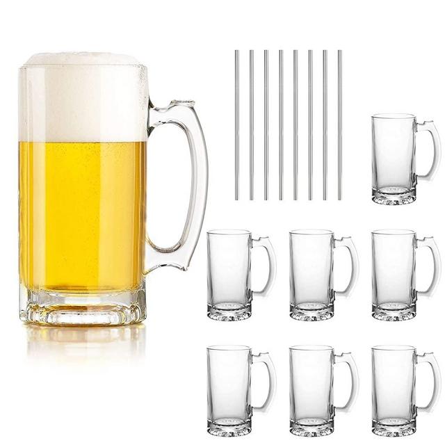 Beer Mugs Set,Glass Mugs With Handle 16oz,Large Beer Glasses For Freezer,Beer Cups Drinking Glasses 500ml,Pub Drinking Mugs Stein Water Cups For Bar,Alcohol,Beverages Set of 8 KTZB02…