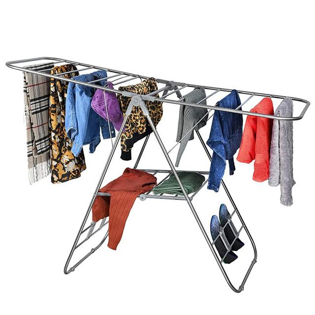 Bartnelli Laundry Drying Rack for Clothes - Heavy Duty Stainless-Steel Adjustable Gullwing Drying Rack Stand - Foldable and Space Saving, Indoor-Outdoor, Lightweight, with Hooks to Dry Shoes