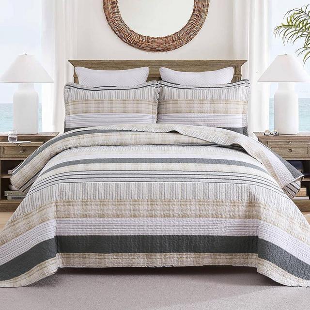 Homzard Quilt King Size - Cotton King Size Comforter,Beige Grey Plaid Bedding Set,Striped Bedspread Set(106 * 98 Inches),3 Piece