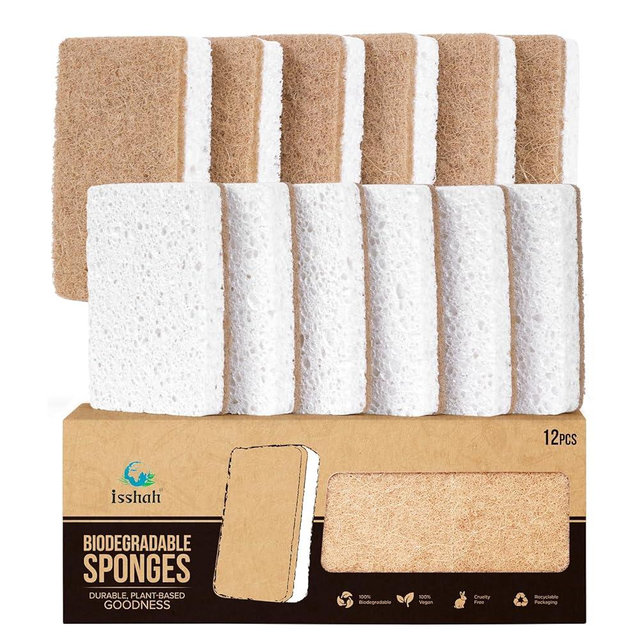Isshah Plant-Based Kitchen Sponges - Natural, Eco-Friendly, Biodegradable Sisal Hemp Sponges for Dishes, Cleaning Sponge for Kitchen, Bathroom, Household - 12 Count