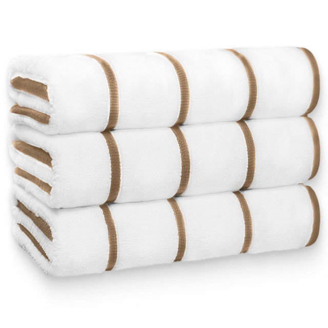 White Classic Luxury 100% Cotton Oversized Pool Towels Set of 3 35x70" - Striped Beige