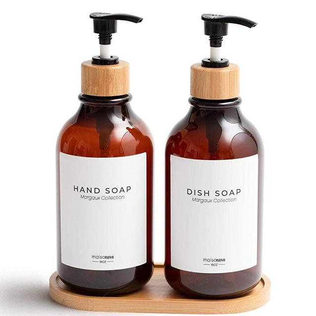 MaisoNovo Dish Soap Dispenser for Kitchen Sink w. Bamboo Pump and Soap Tray | Bathroom Soap Dispenser Set w. Dish Soap, Hand Soap, Lotion Waterproof Labels | Amber Set