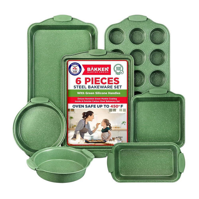 BAKKEN Kitchen Baking Pan Set - Nonstick Green Marble Coating, Carbon Steel Bakeware Sets with Green Silicone Handles, Kitchen Essentials, PFOA, PFOS, PTFE Free, Oven Safe (Up To 450° F), Set of 6