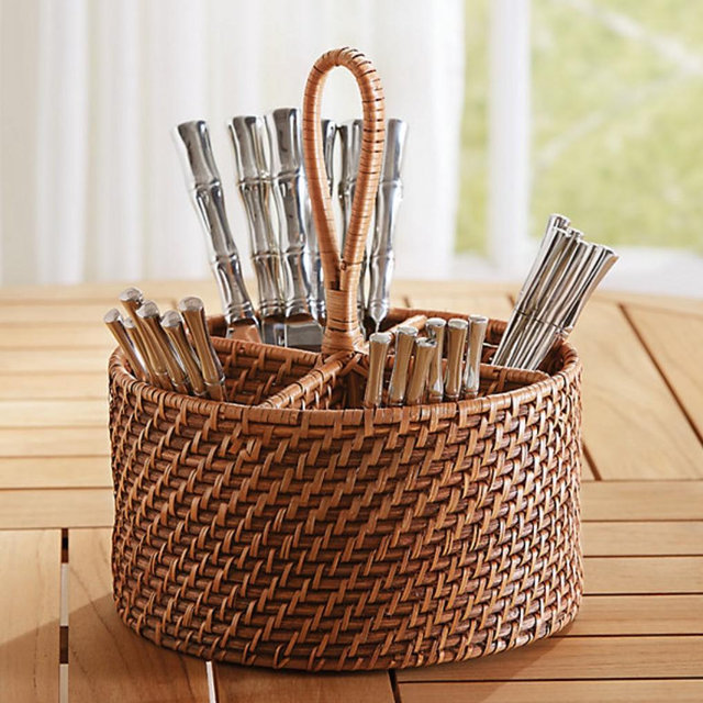 Piper Woven Utensil Caddy with 4 Compartments & Handcrafted Rattan Texture