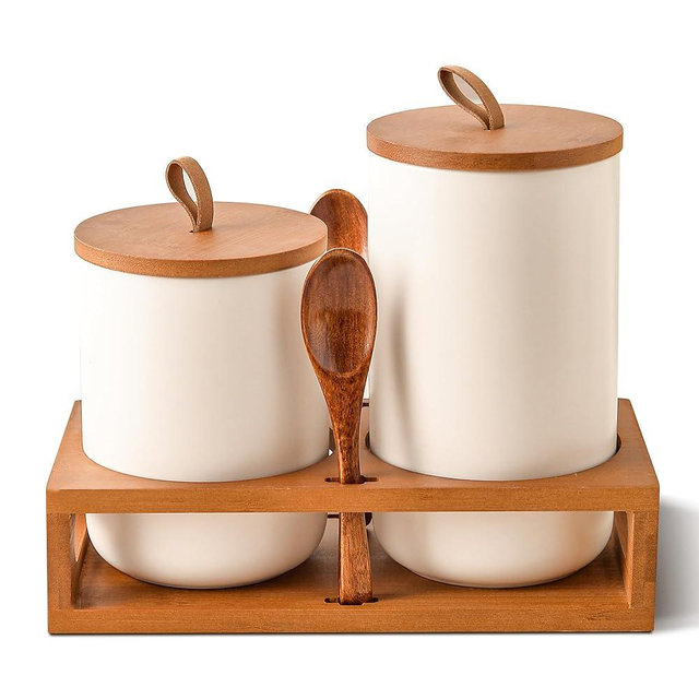 CoorFormer White Ceramic Canister Set of 2 with Bamboo Lids, Wooden Stand & Spoons – 35oz & 28oz Airtight Food Storage Jars for Coffee, Sugar, Tea, Kitchen Counter Organizer