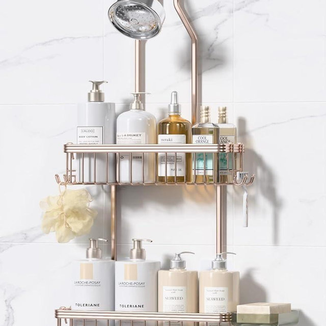 YASONIC Shower Caddy Hanging, Never Rust Shower Organizer Hanging, Aluminum Shower Racks for Inside Shower with Hooks for Razor, Bathroom Organizers and Storage with Soap Holder, Rose Gold