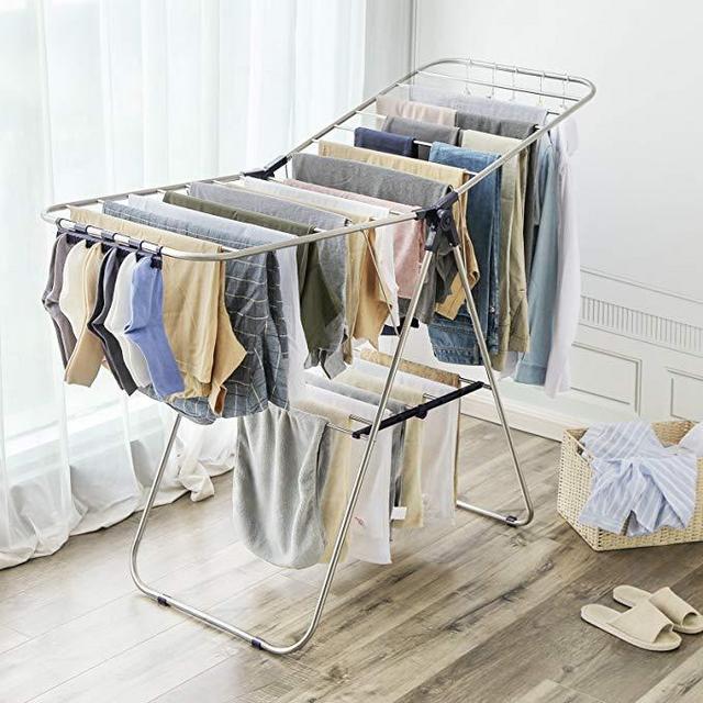 SONGMICS Clothes Drying Rack, with Bonus Sock Clips, Stainless Steel  Gullwing Space-Saving Laundry Rack, Foldable for Easy Storage, Silver