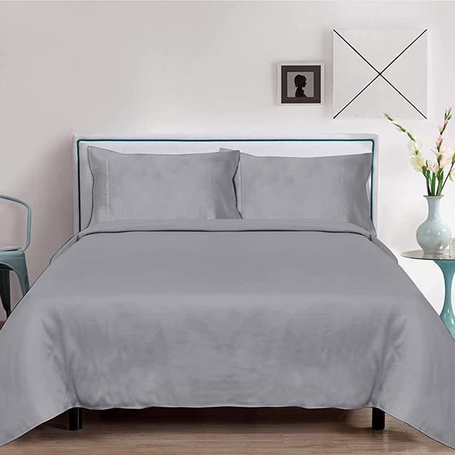 100% Tencel Lyocell Bed Sheets Set 4PC- Softest Cooling Eucalyptus Sheets (Queen, Silver)
