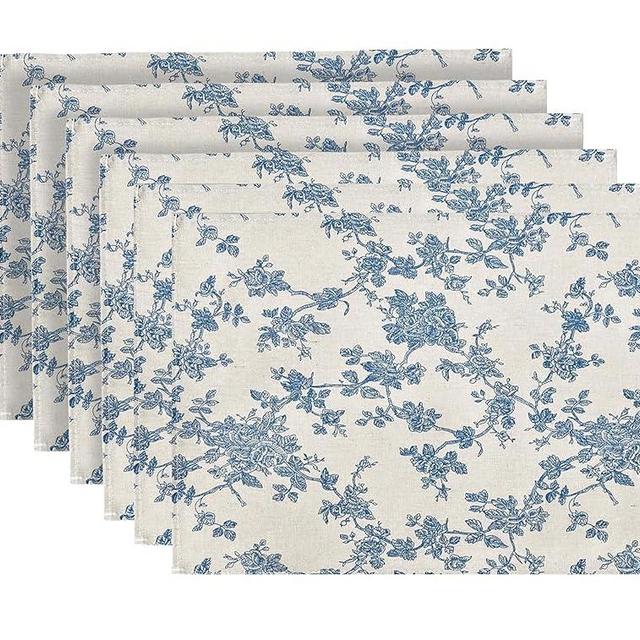 Pastoral Placemats for Dining Table Set of 6, Reversable & Heat-Resistant Non-Slip Place Mats for Kitchen Table Mats 13 x 19 Inch, Floral (Dark Blue)