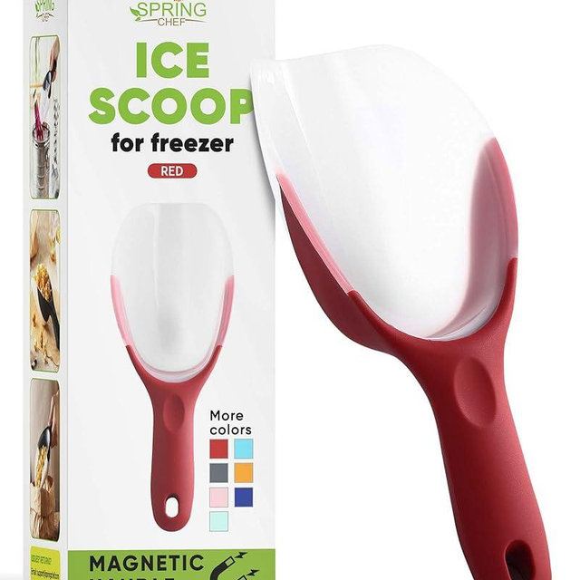 Spring Chef Red Magnetic Ice Scoop for Freezer & Ice Machine - Multifunctional BPA-Free Plastic Scoop with Soft Grip Handle - Kitchen Food Scooper for Flour, Rice, Popcorn, Dog Food - Dishwasher Safe
