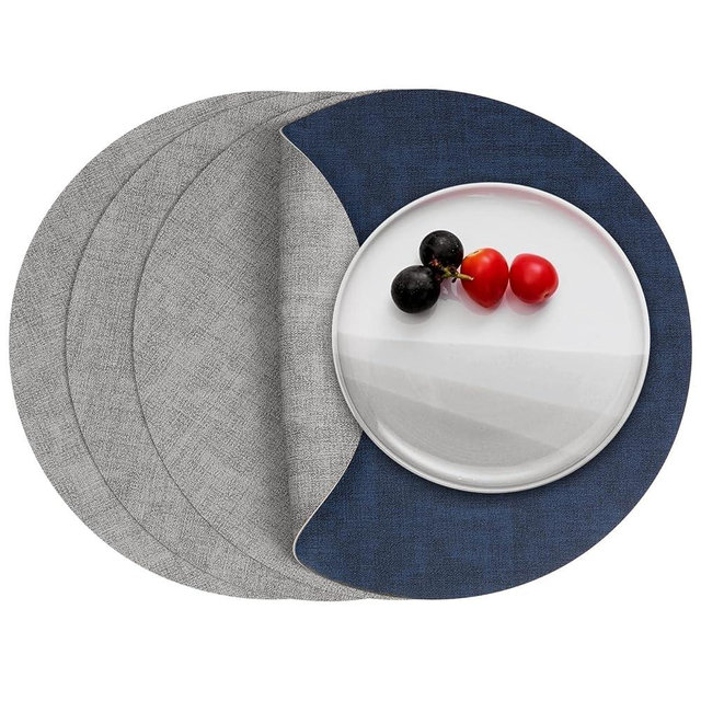 Myir JUN Round Placemats Dual Sided, Faux Leather Place Mats Set of 4 Indoor Placemats for Dining Table Outdoor Placemats Non-Slip Washable Table Mats (Gray Blue, Set of 4)