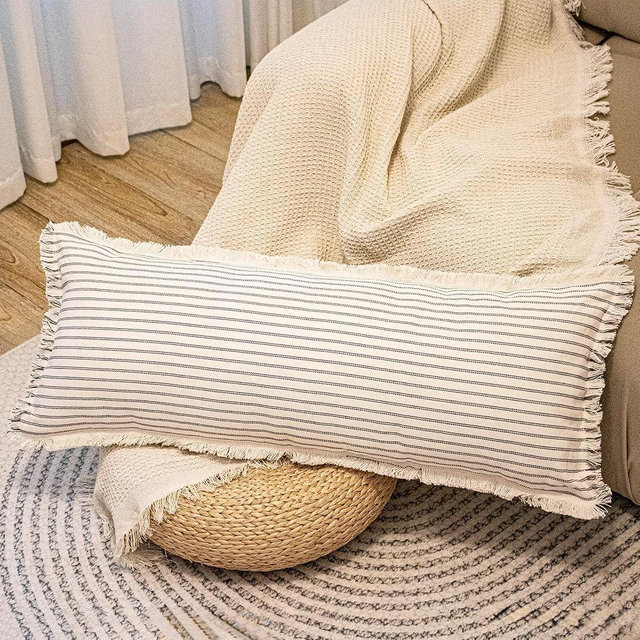 JoraLion Striped Pillow Cover 14x36 Tassels Chic Cotton Decorative Pillow Cushion Cover, Modern Farmhouse Decor Pillowcase for Sofa Couch Living Room Bedroom, Pack of 1 (Cover Only)
