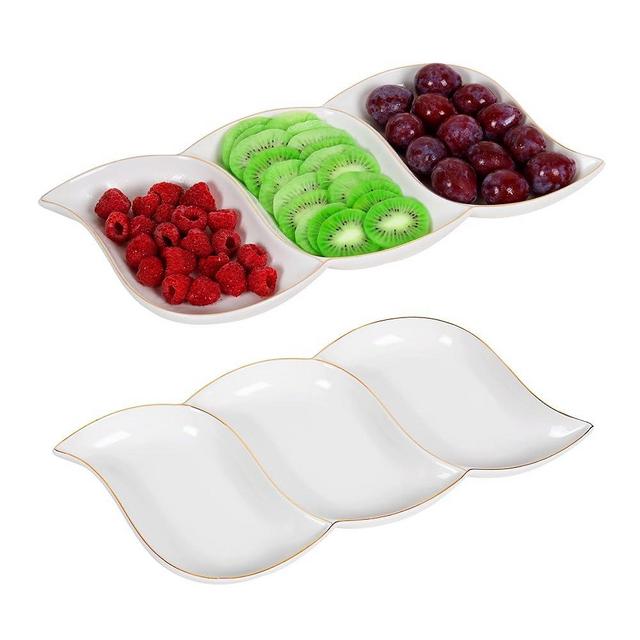 KASSEL Set of 2 Ceramic Divided Serving Dishes, Appetizer Serving Tray with Wave Design, Leaf-Shaped Party Serving Platters and Trays, Perfect for Chips and Dip, Fruit, Veggies and Snacks