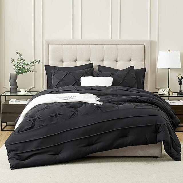 Hansleep Pintuck Full/Queen Size Bed Set Black-7 Pieces Comforter Set Queen with Pinch Pleat Comforters,Sheets,Shams & Pillowcases