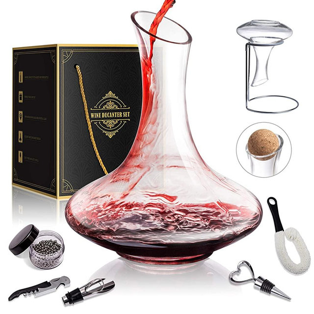 1800ML Crystal Glass Wine Decanter Wine Carafe Gifts for Red Wine Lover, Decanter with Wine Accessories - Wine Bottle Opener, Wine Stopper & Pourer, Cleaning Brush & Beads & Drying Stand & Cork