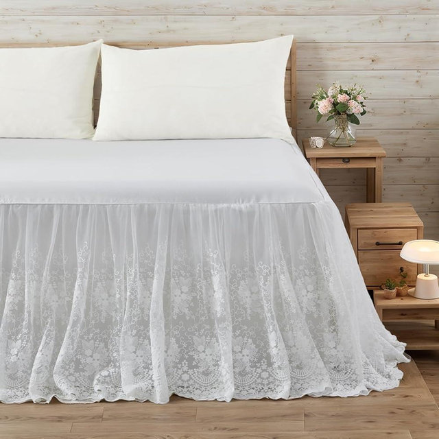 Brandream Luxury White Lace Bed Skirt King Size 18 Inch Drop Split Corners Romantic Bed Cover Dust Ruffle Bed Skirts