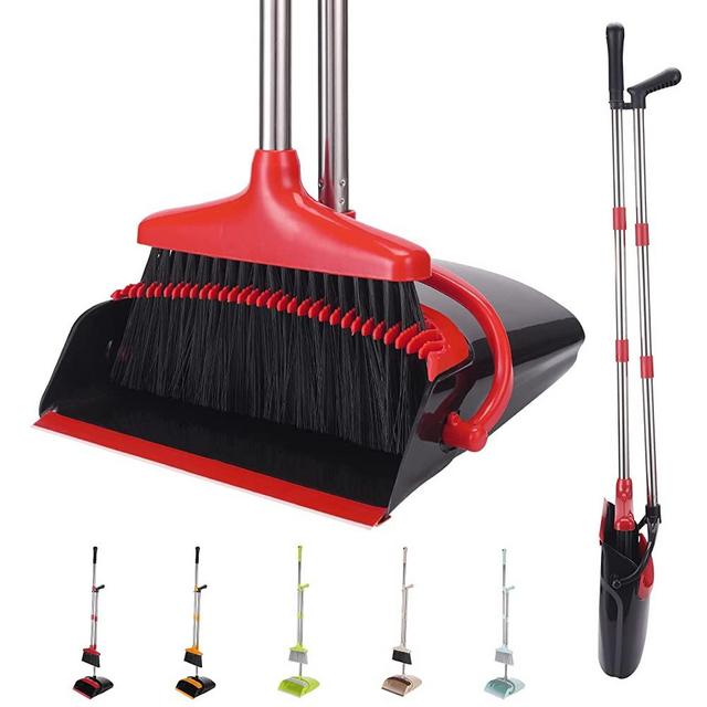XXXFLOWER Broom and Dustpan Set with Long Handle, Light Weight Stainless Steel Poles Stand Upright Dustpans with Broom Combo for Home Kitchen Office Pet Dog Hair, Black & Red Color, 1-Pack