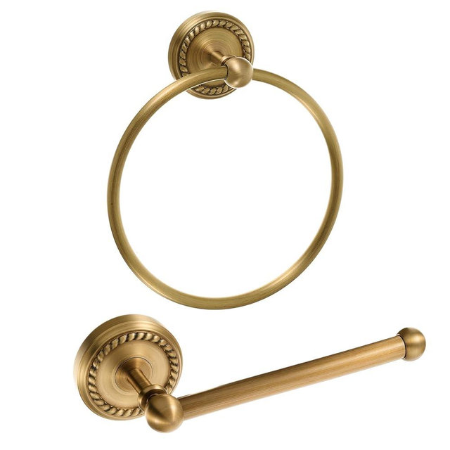 Otoolling 2 Pcs Antique Brass Toilet Paper Holder, Brass Towel Ring, Bathroom Wall Mount Vintage Gold Tissue Roll Holder & Hand Towel Ring, Exquisite Pattern Carving Bathroom Accessories