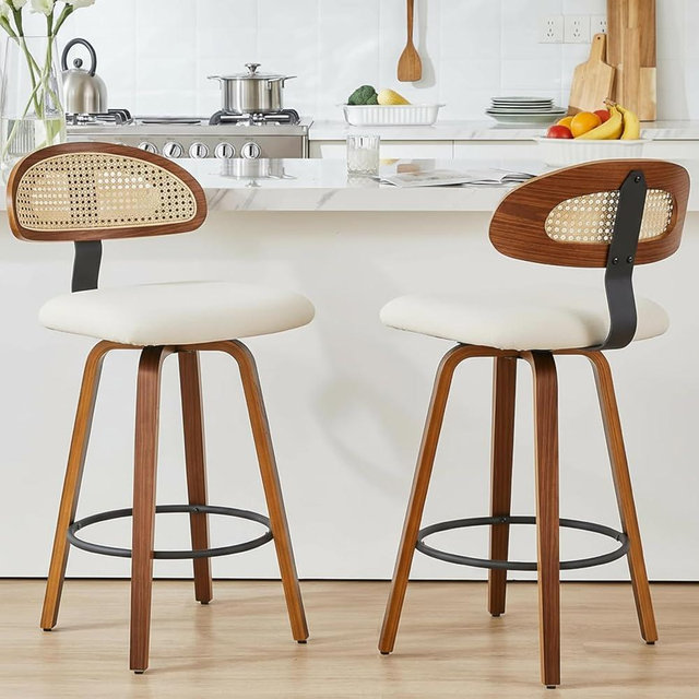 kinmars Swivel Counter Height Bar Stools, 26" Upholstered Seat Barstools with Rattan Back, Bentwood Frame Mid Century Modern Bar Chairs for Kitchen Island, Dining Room or Bar (White, Set of 2)