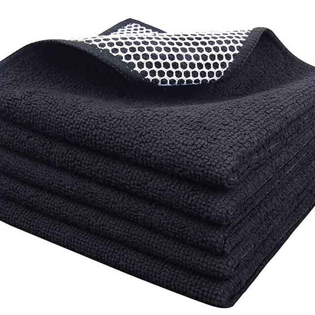 SINLAND Microfiber Dish Cloth for Washing DishesBest Kitchen Washcloth Cleaning Cloths with Poly Scour Side 12Inchx12Inch 5Pack, Black