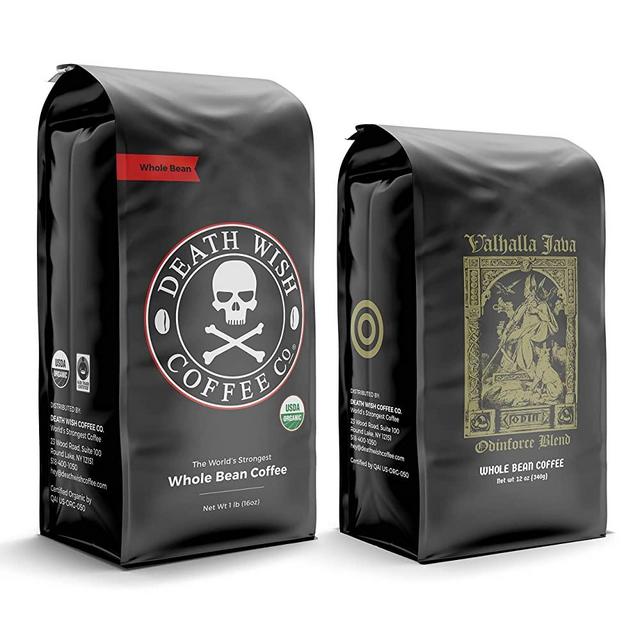 DEATH WISH Coffee The World’s Strongest Coffee [1 lb] and VALHALLA JAVA Odinforce Blend [12 oz] Whole Bean Coffee Bundle/Bulk/Gift Set | USDA Certified Organic, Fair Trade | Arabica and Robusta Beans