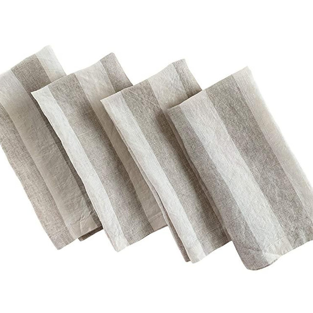 Eight Owls Linen Napkins – 100% French Flax – Stonewashed Pure Linen Cloth Napkins – Mitered Corners – Set of 4 (Natural Stripe)