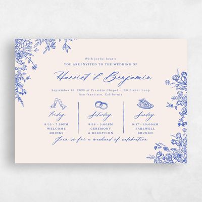 Cornflower Blue Wedding Invitation - Josette Landscape