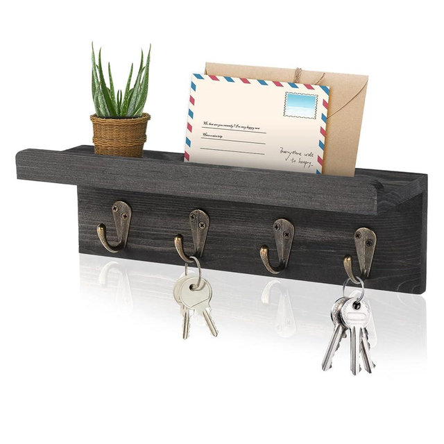HRONRAD Rustic Key Holder for Wall, Farmhouse Wall Shelf with 4 Hooks, Wall Mounted Key Racks, Wooden Mail Organizer with Hooks for Entryway (Black - Pine)