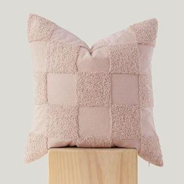 Double Stitch 100% Cotton Throw Pillow Covers - Checkered Tufted Boho Decorative Pillow Covers 20x20, Made in India, Square Cushion Case, Modern Home Decor for Couch, Sofa, Living Room, Pink Whisper