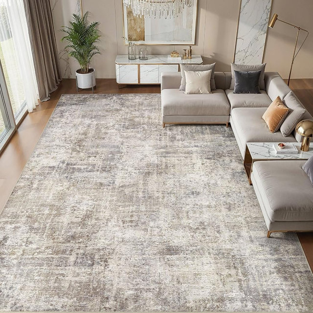 cotiled Washable 8x10 Area Rug for Living Room - Modern Abstract Carpet with Non-Slip Backing, Low Pile & Soft, Stain Resistant, Kid & Pet Friendly Decor for Bedroom & Dining Room - Brown Grey