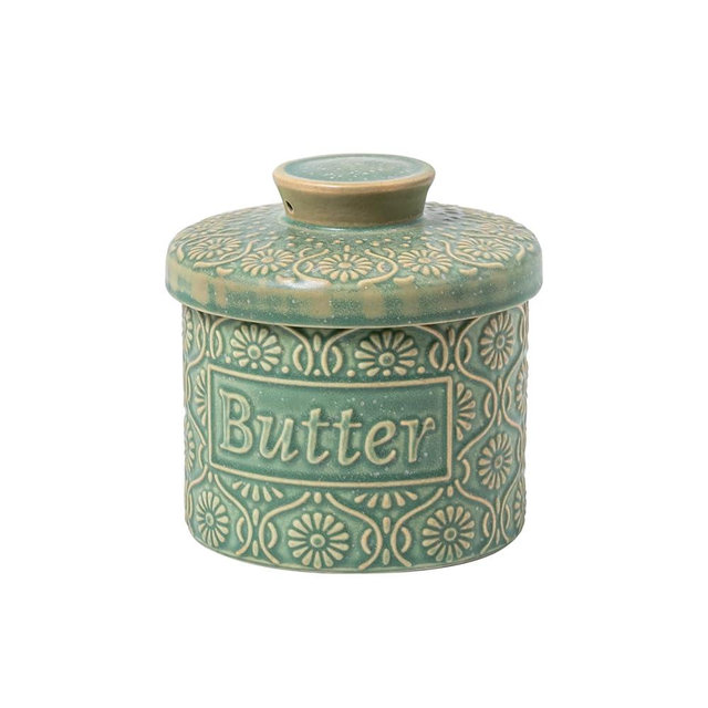TEATALK 6.7 OZ Reactive Glaze Butter Crock, French Ceramic Butter Crock with Lid, Butter Crock for Counter with Water, Butter Dish with Lid for Countertop, Home Kitchen Gift, Green