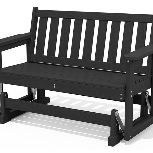 SERWALL 2 Person Patio Glider Bench, HDPE Material Weather-Resistant Swinging Bench for Outdoor Porch Garden, Black