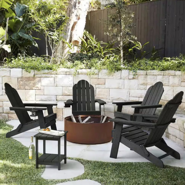 Black Folding Adirondack Chair Weather Resistant Plastic Fire Pit Chairs (Set of 4)