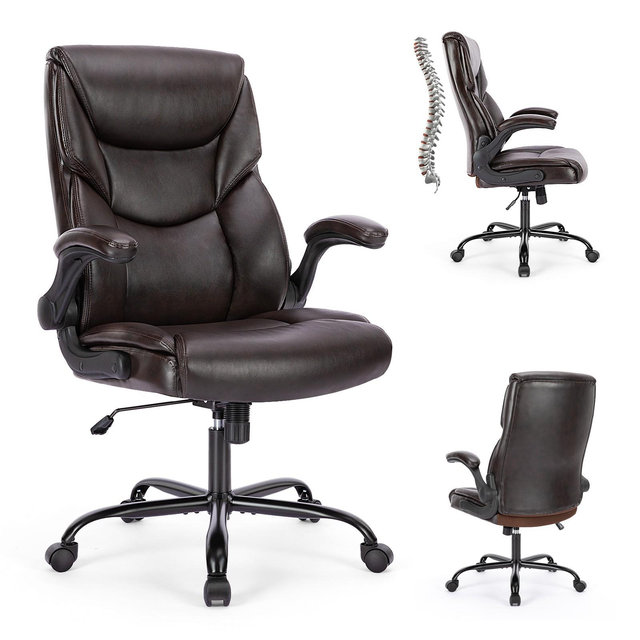 Bestier Executive Leather Office Chair, Ergonomic Swivel Chair, Adjustable Computer Chair with Flip-up Armrest / Strong Metal Base, Brown