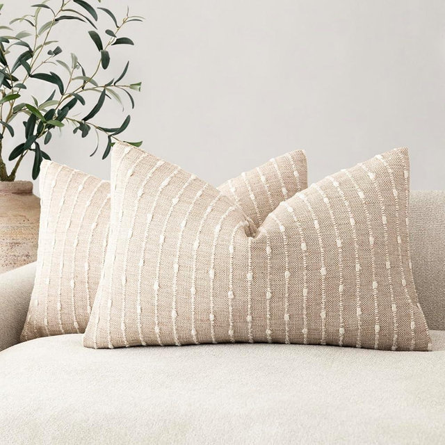 Foindtower Pack of 2 Decorative Jacquard Boucle Lumbar Throw Pillow Covers Accent Textured Striped Pillowcases Cozy Boho Cushion for Couch Sofa Bedroom Living Room Home Decor 12x20 Inch Natural Beige