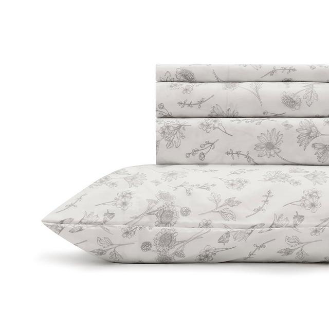 Linen Home 100% Cotton Printed Percale Sheets King Size, Deep Pocket, 4 Pieces Set - 1 Flat, 1 Deep Pocket Fitted Sheet and 2 Pillowcases, Crisp Cool and Strong Bed Linen, Grey Botanical Floral