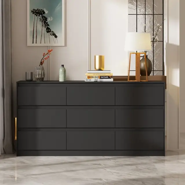 Famapy Modern High Gloss 9 Drawer Drawer Cabinet Horizontal Dresser Bedroom Storage Black