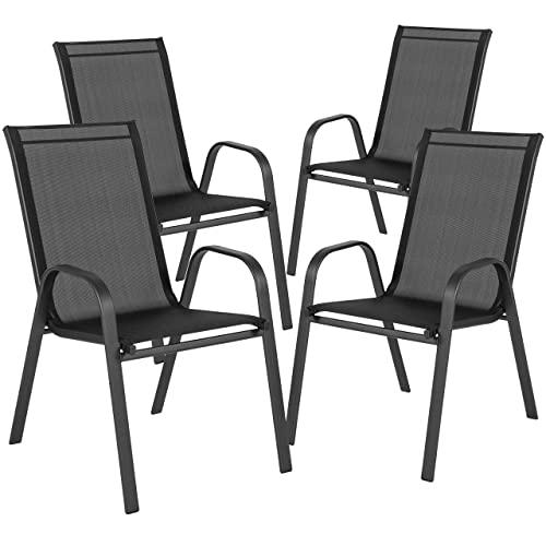 Flash Furniture 4 Pack Brazos Series Black Outdoor Stack Chair with Flex Comfort Material and Metal Frame
